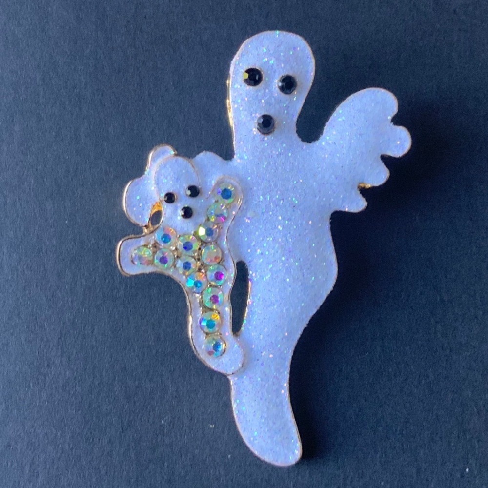 Vintage Halloween Double Ghost Brooch Pin White Glitter Enamel Rhinestone